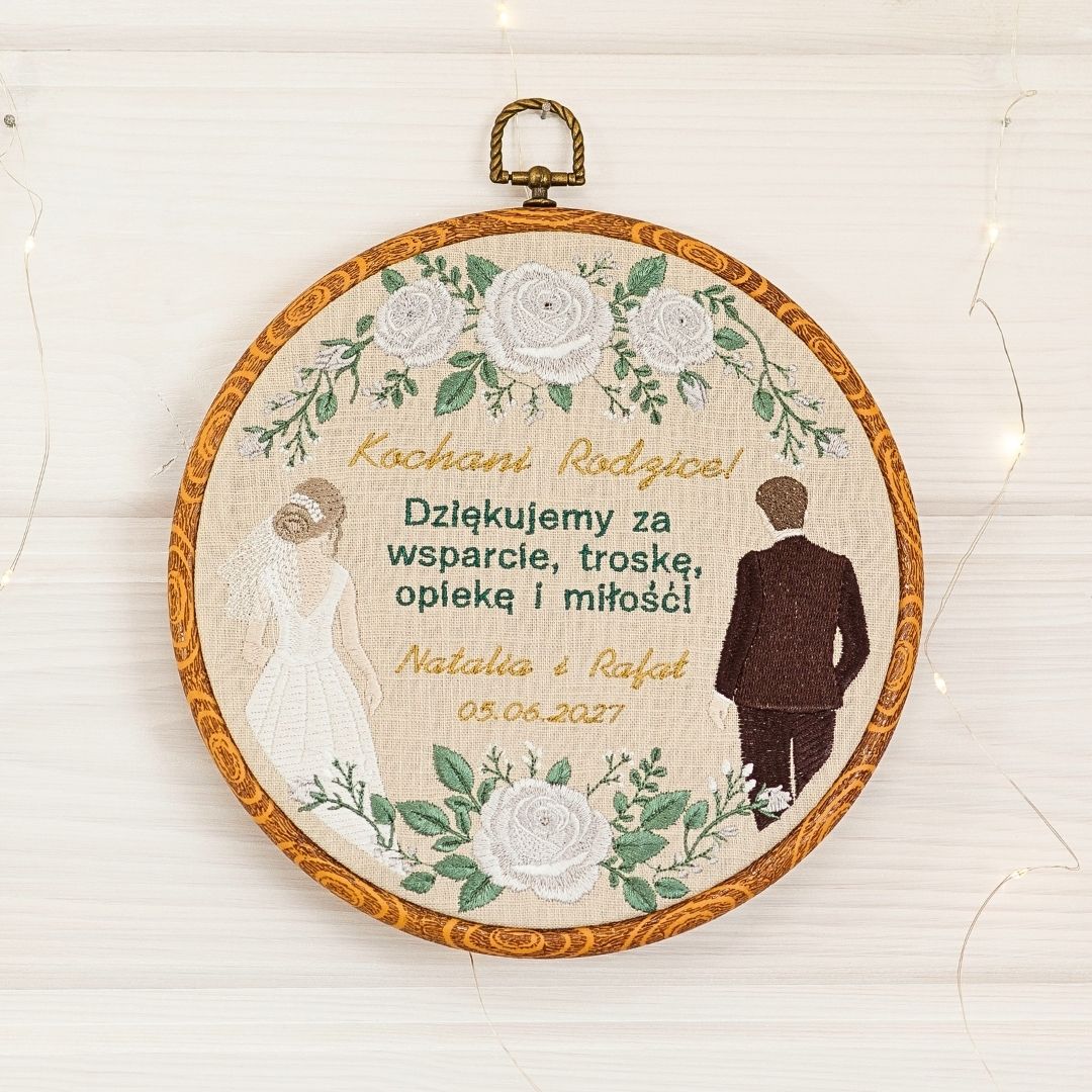 Podziękowania ślubne dla Rodziców, haft w tamborku 23 cm