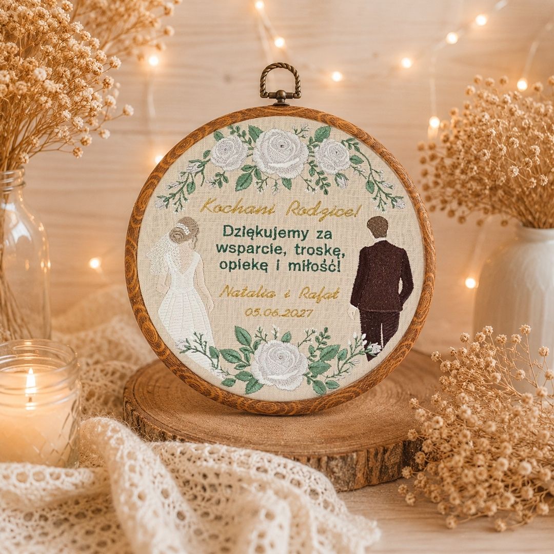 Podziękowania ślubne dla Rodziców, haft w tamborku 23 cm