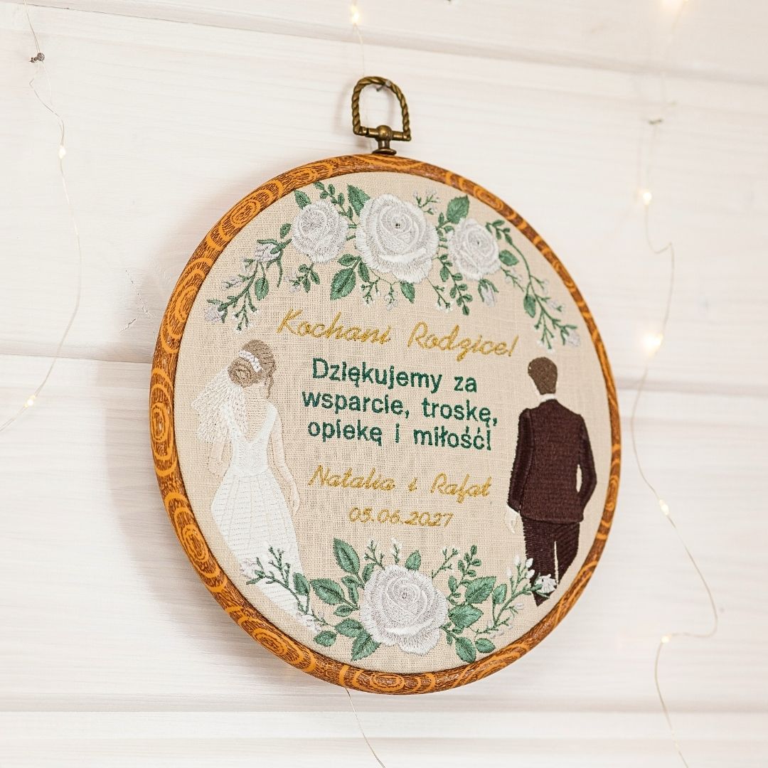 Podziękowania ślubne dla Rodziców, haft w tamborku 23 cm