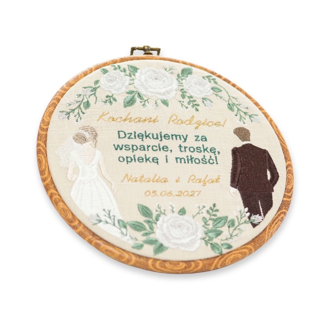 Podziękowania ślubne dla Rodziców, haft w tamborku 23 cm