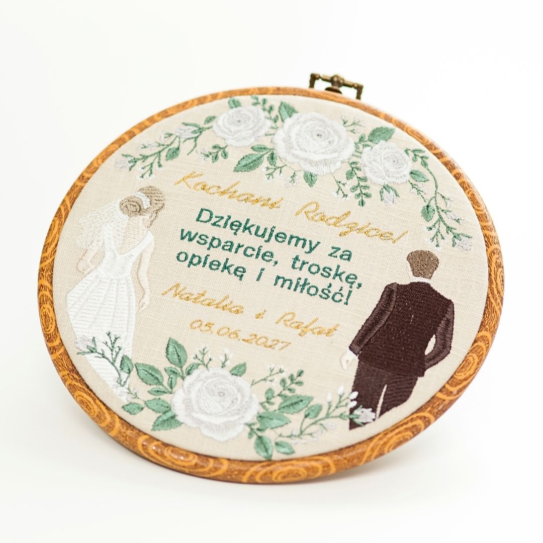 Podziękowania ślubne dla Rodziców, haft w tamborku 23 cm