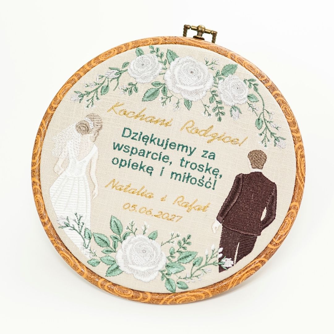 Podziękowania ślubne dla Rodziców, haft w tamborku 23 cm