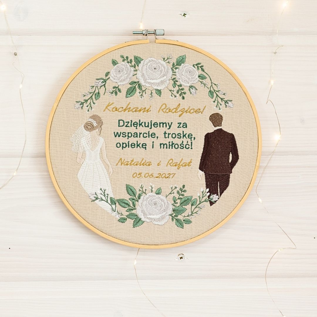 Podziękowania ślubne dla Rodziców, haft w tamborku 23 cm