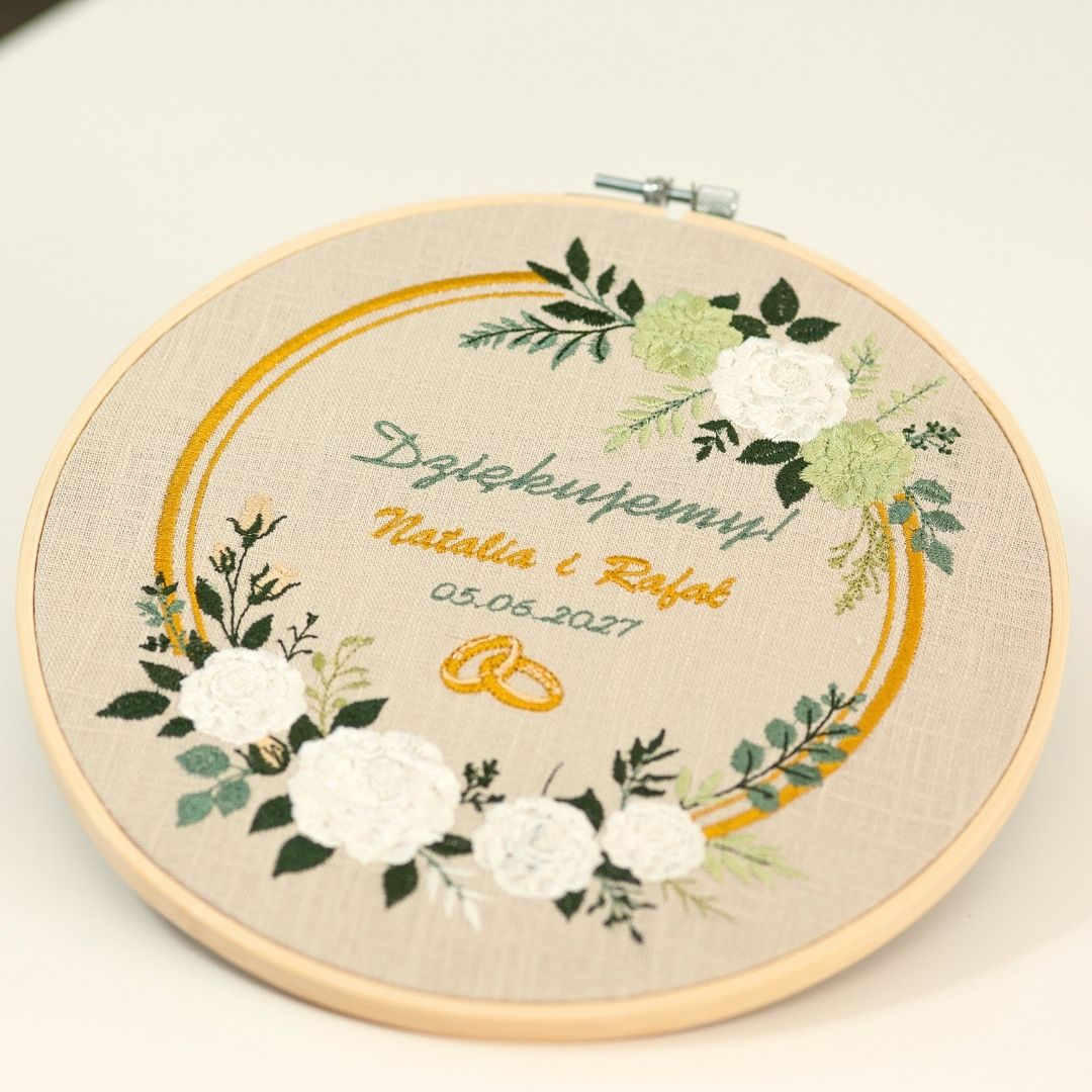 Podziękowania ślubne, haft w tamborku 23 cm