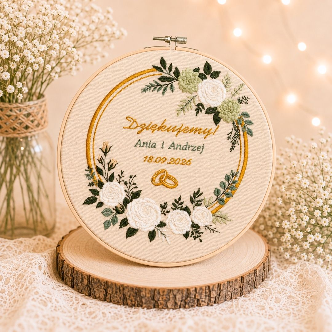 Podziękowania ślubne, haft w tamborku 23 cm