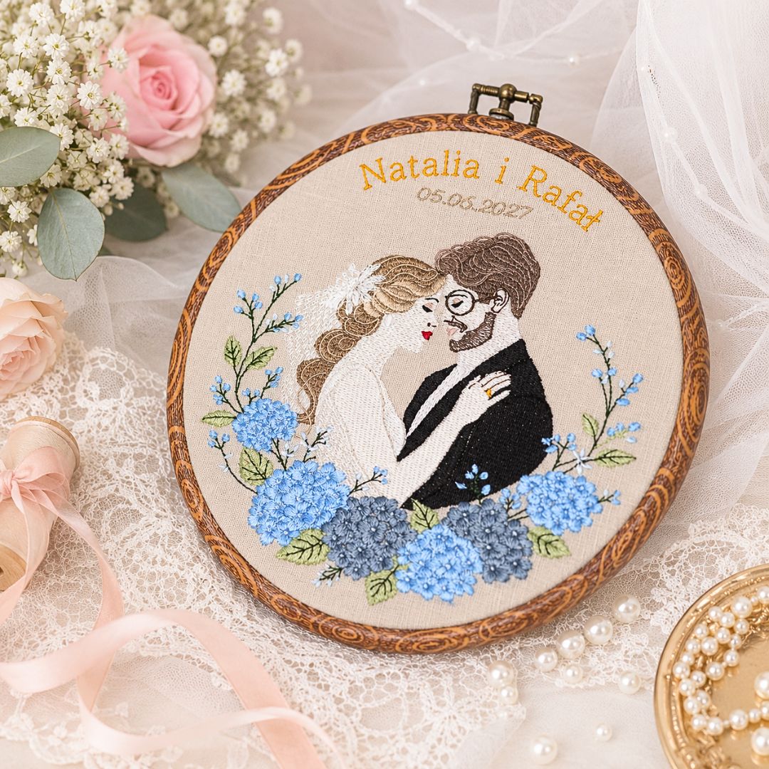 Haft ślubny w tamborku 20 cm, indywidualna dedykacja 23