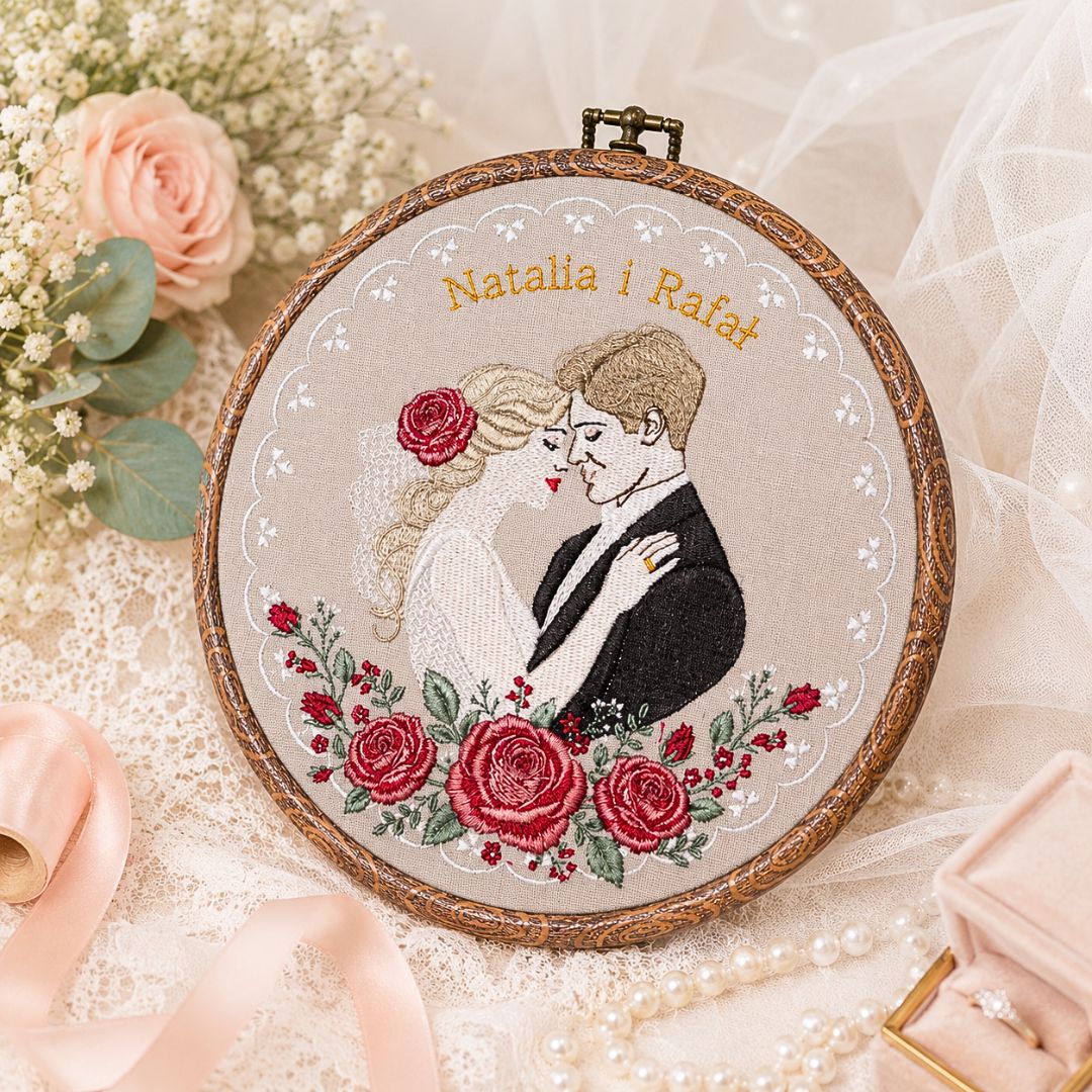 Haft ślubny w tamborku 20 cm, indywidualna dedykacja 24