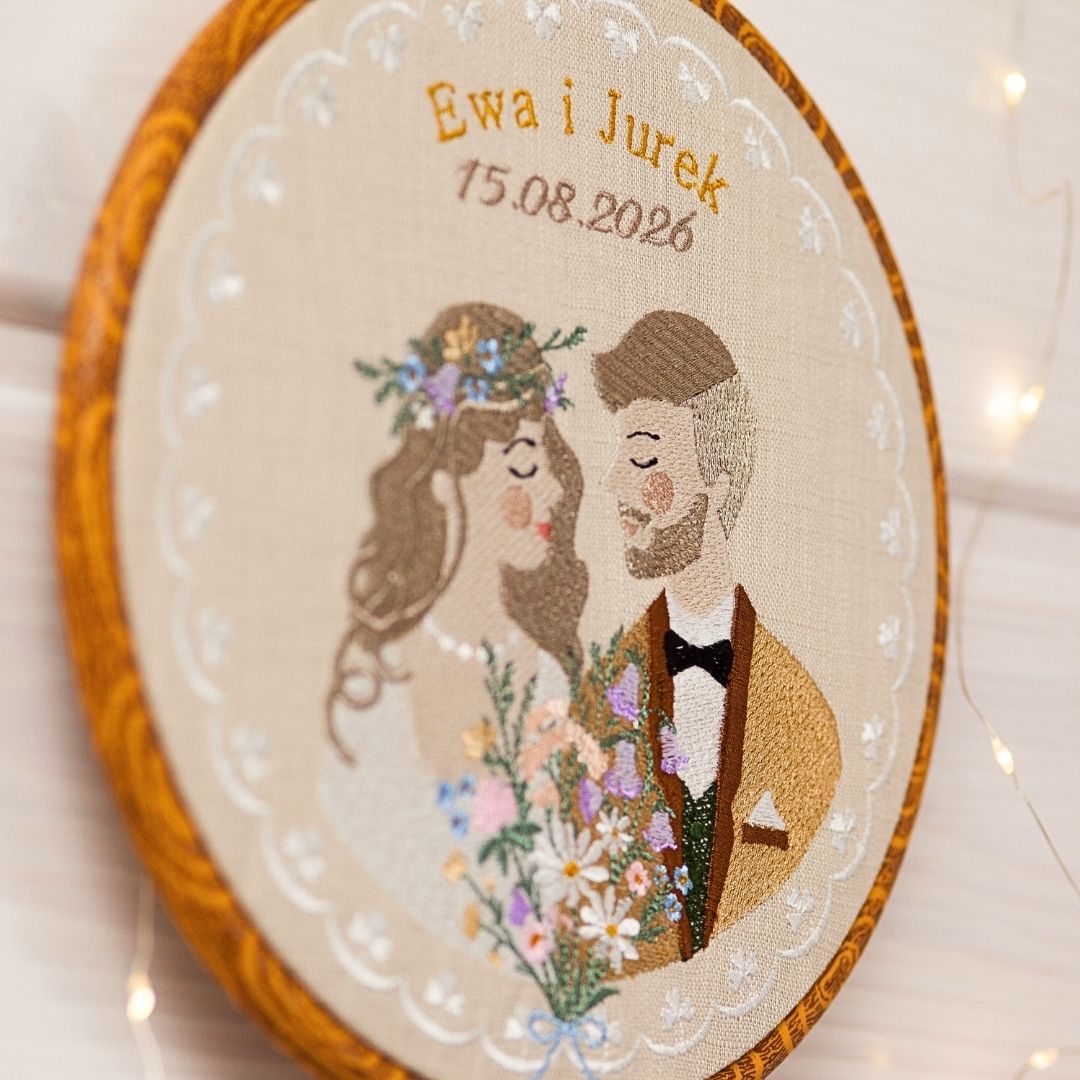Haft ślubny w tamborku 20 cm, indywidualna pamiątka ślubna 35
