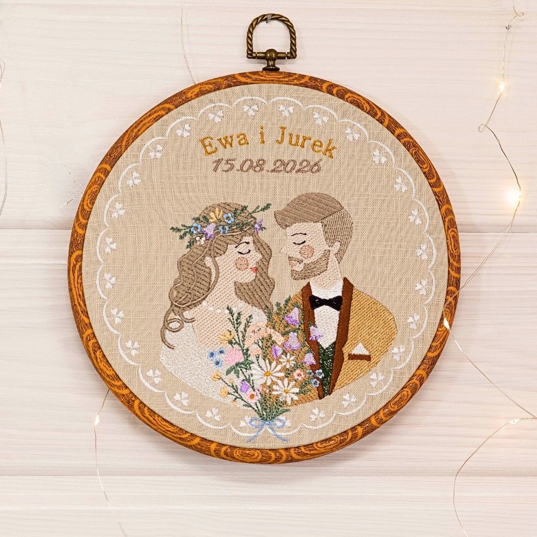 Haft ślubny w tamborku 20 cm, indywidualna pamiątka ślubna 35