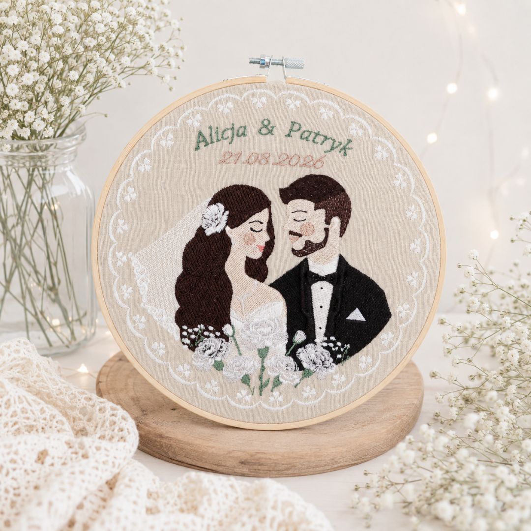 Haft ślubny w tamborku 20 cm, indywidualna pamiątka ślubna 36