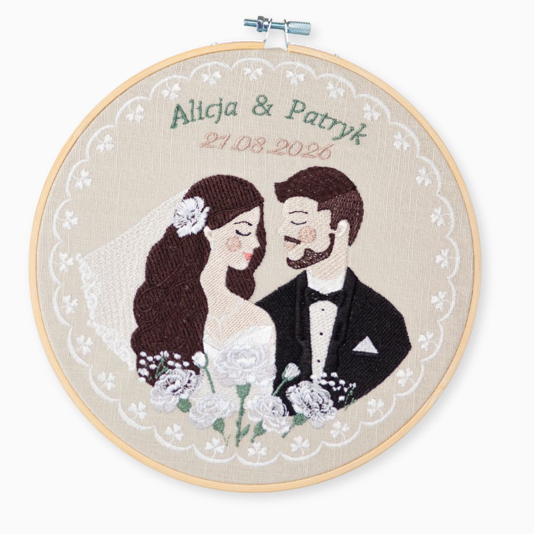 Haft ślubny w tamborku 20 cm, indywidualna pamiątka ślubna 36