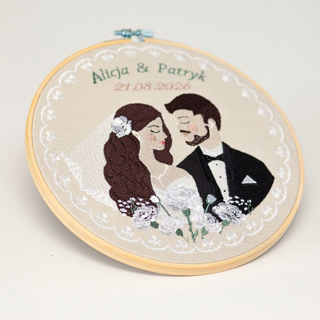 Haft ślubny w tamborku 20 cm, indywidualna pamiątka ślubna 36