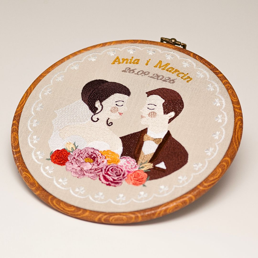 Haft ślubny w tamborku 20 cm, indywidualna pamiątka ślubna 37