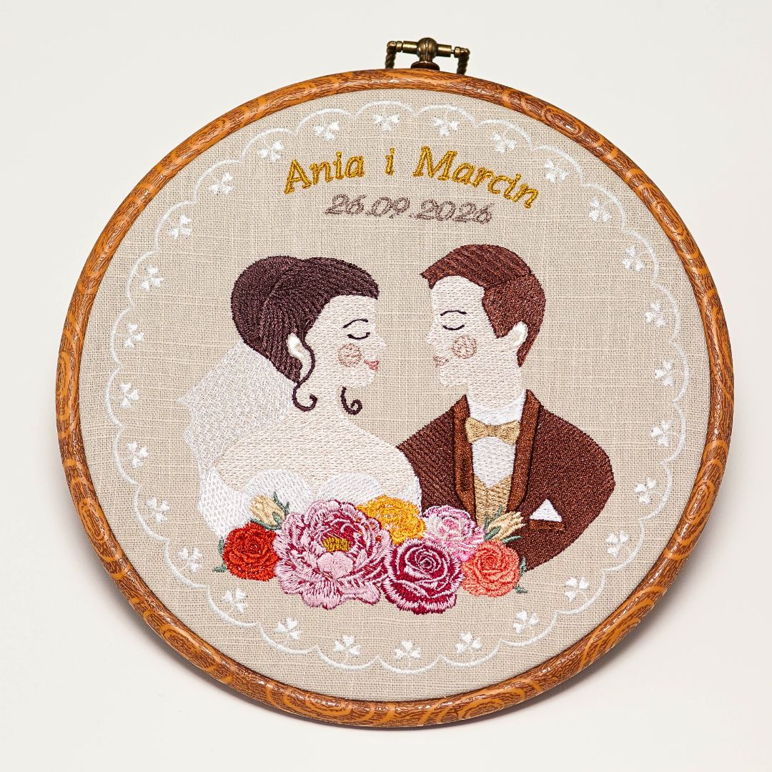Haft ślubny w tamborku 20 cm, indywidualna pamiątka ślubna 37