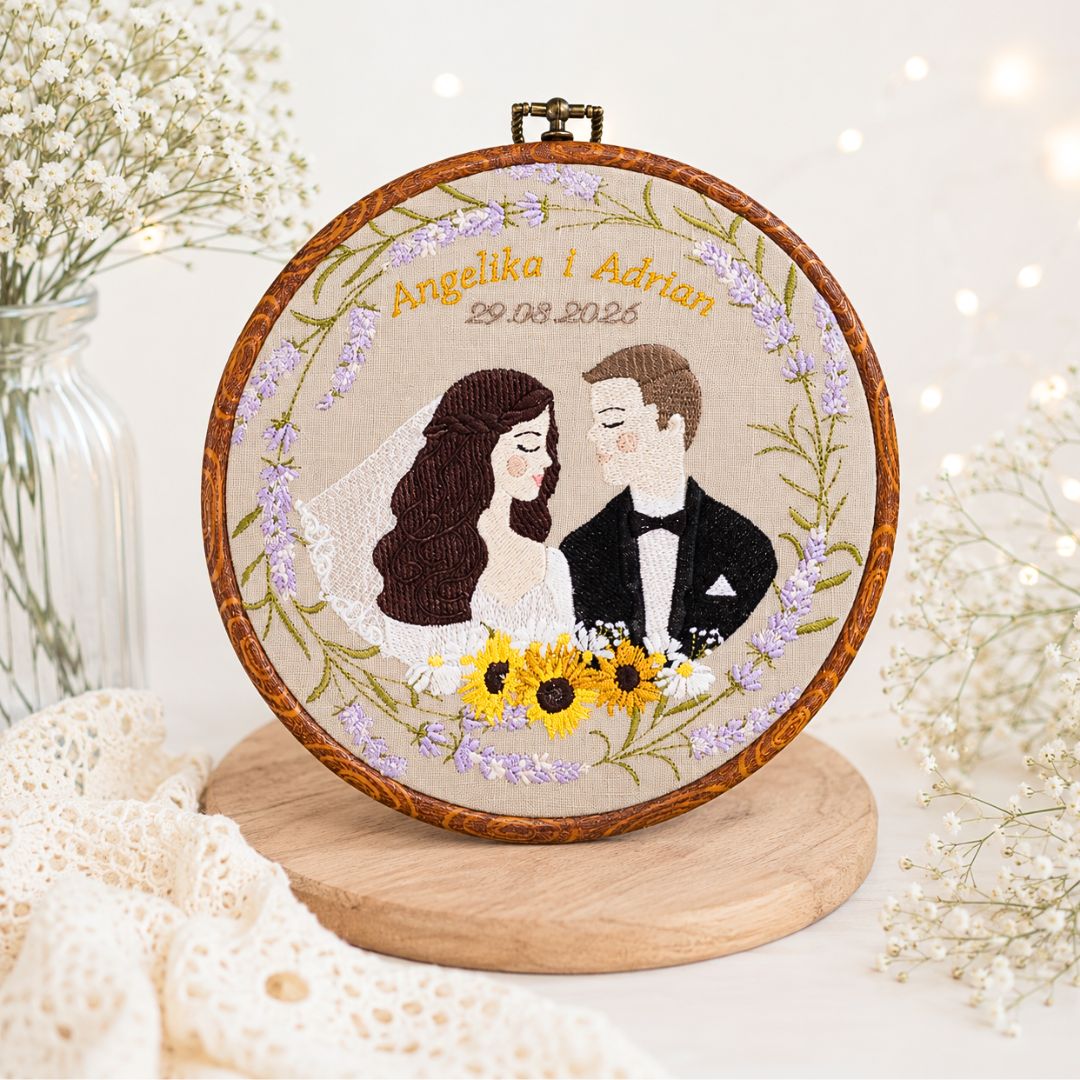 Haft ślubny w tamborku 20 cm, indywidualna pamiątka ślubna 39