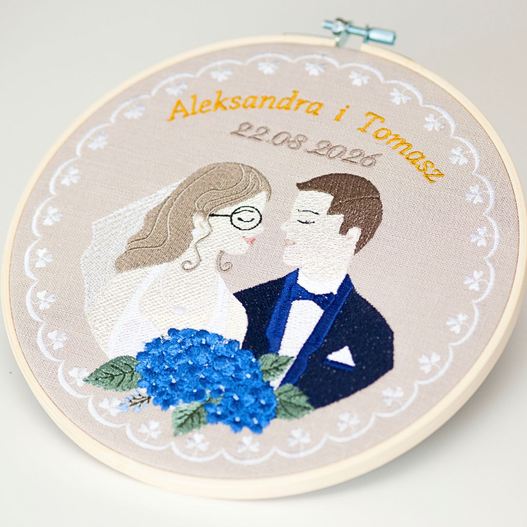 Haft ślubny w tamborku 20 cm, indywidualna pamiątka ślubna 41