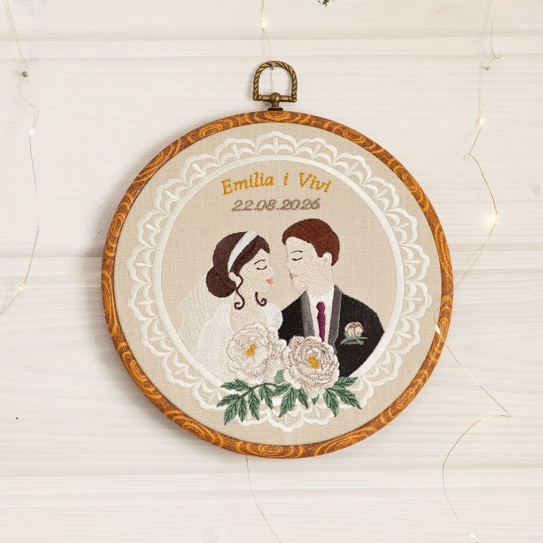 Haft ślubny w tamborku 20 cm, indywidualna pamiątka ślubna 45