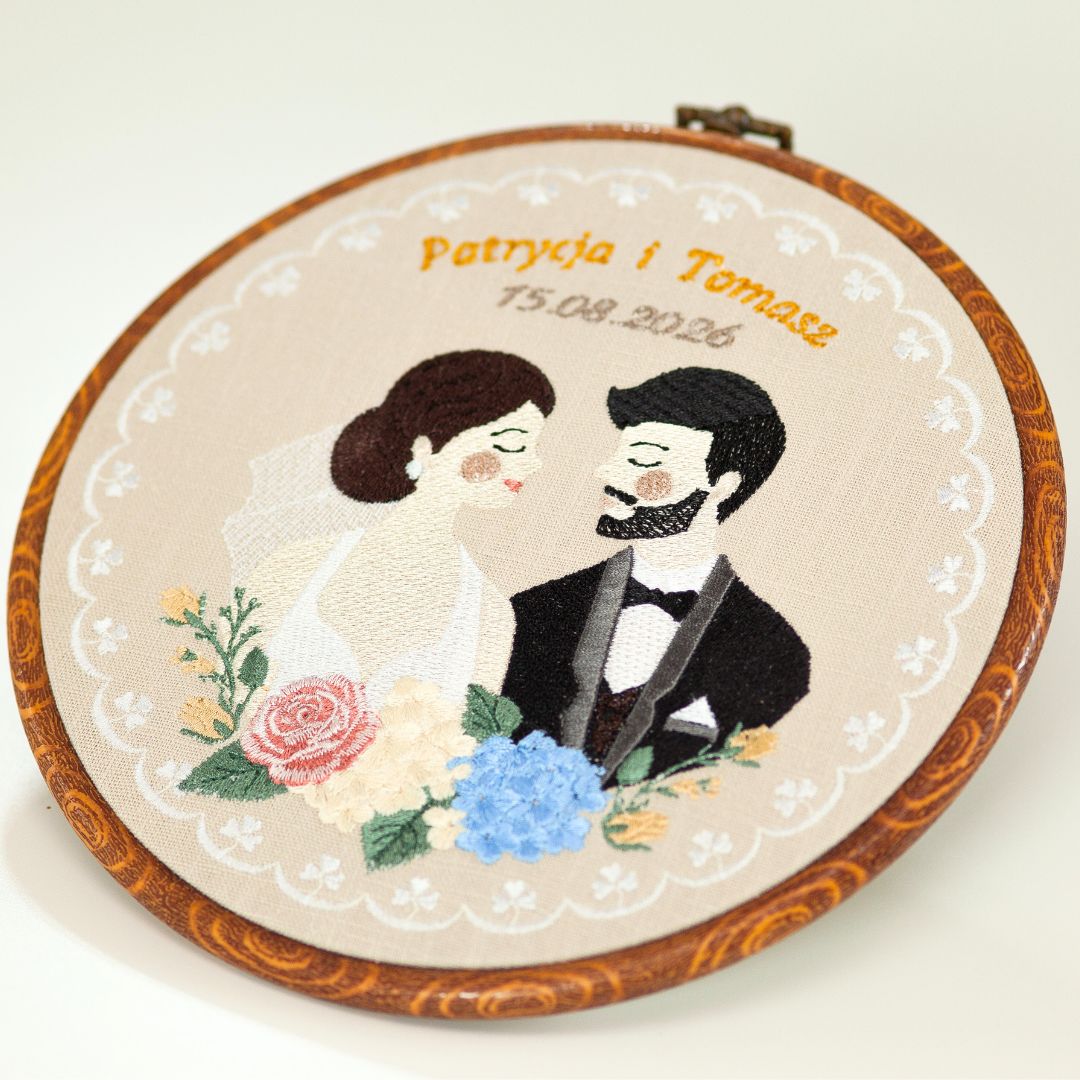 Haft ślubny w tamborku 20 cm, indywidualna pamiątka ślubna 46
