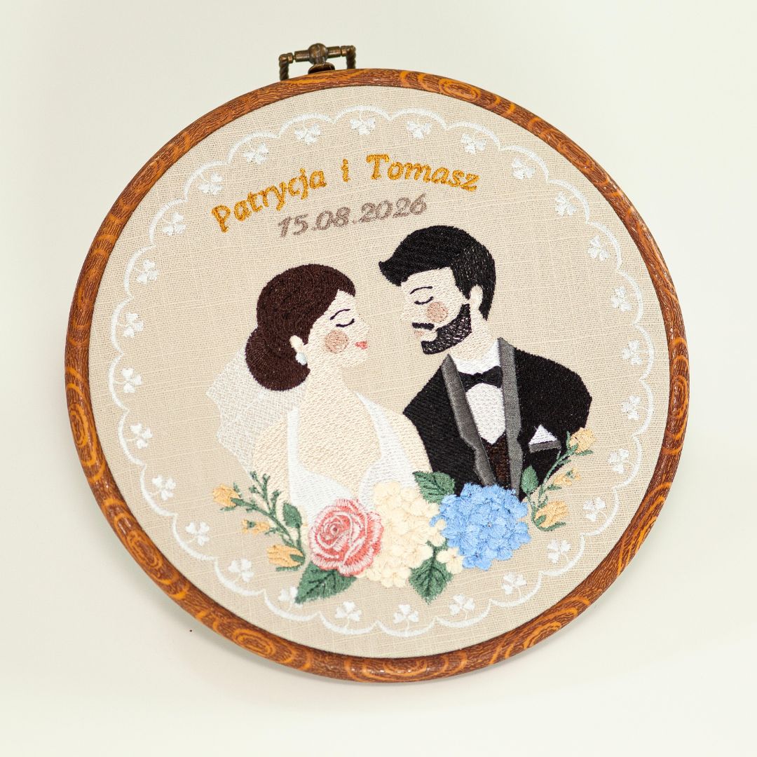 Haft ślubny w tamborku 20 cm, indywidualna pamiątka ślubna 46