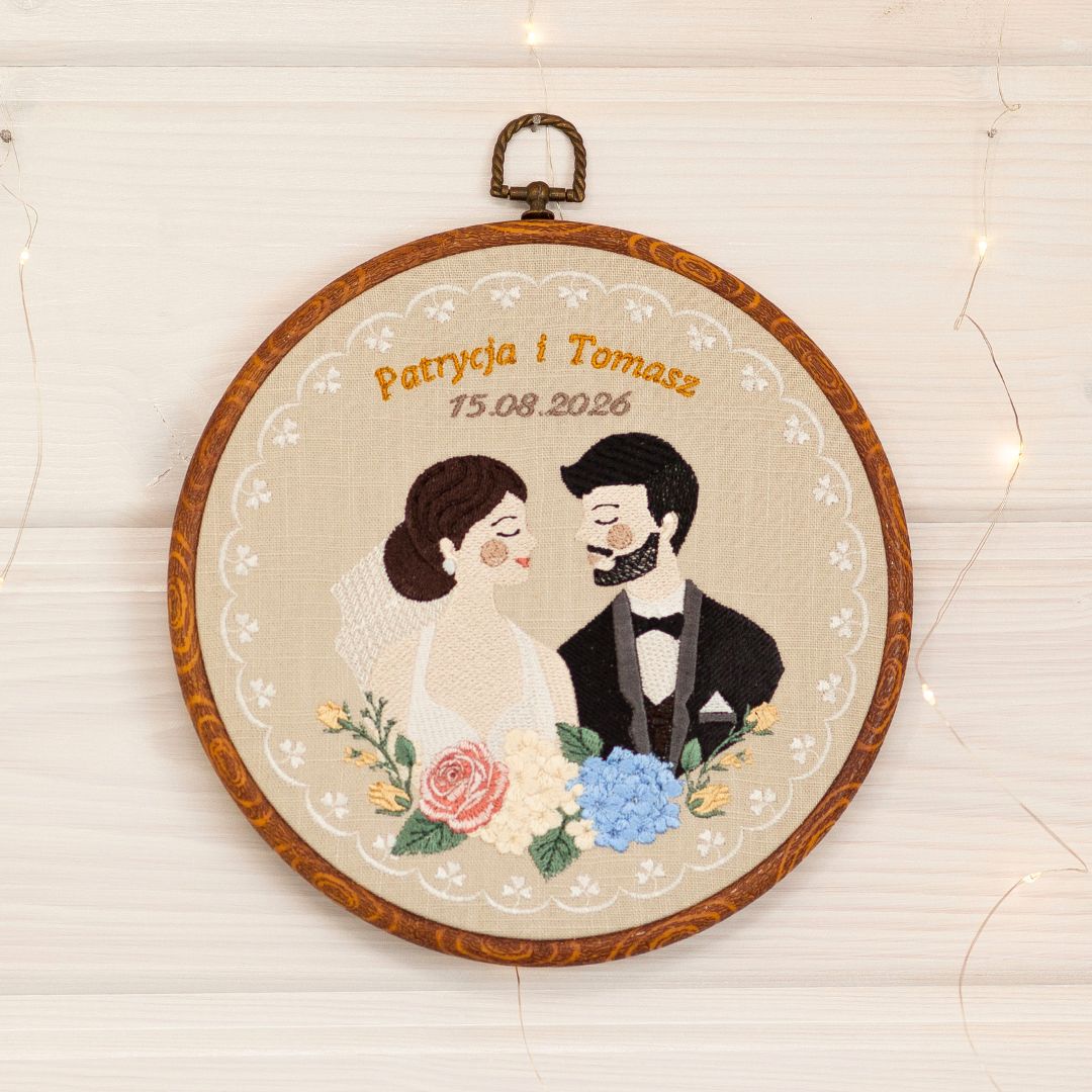 Haft ślubny w tamborku 20 cm, indywidualna pamiątka ślubna 46