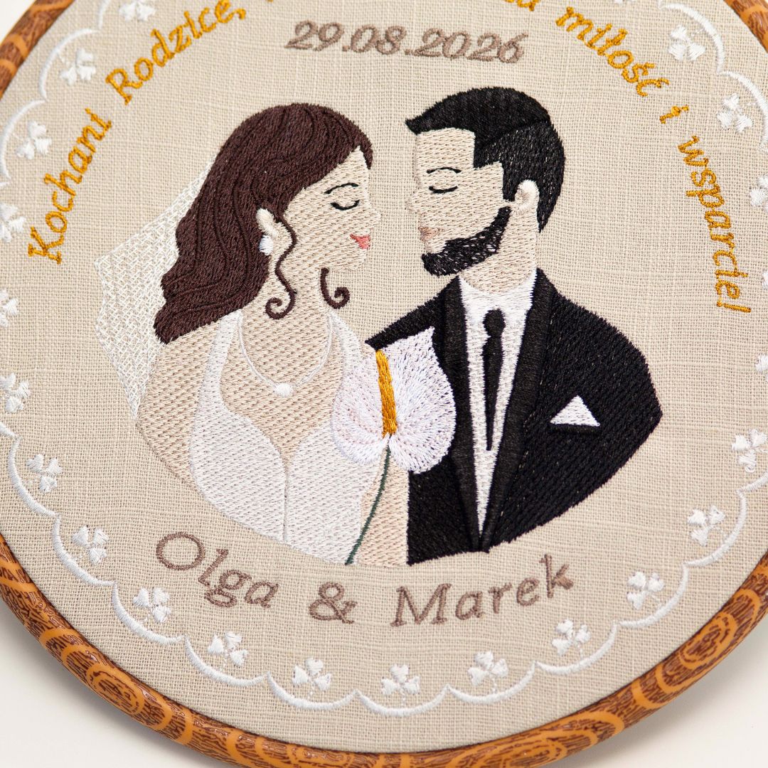 Haft ślubny w tamborku 20 cm, indywidualna pamiątka ślubna, podziękowania ślubne 43