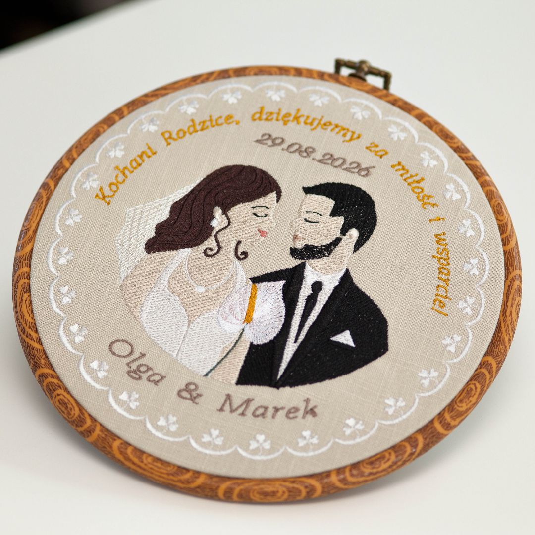 Haft ślubny w tamborku 20 cm, indywidualna pamiątka ślubna, podziękowania ślubne 43