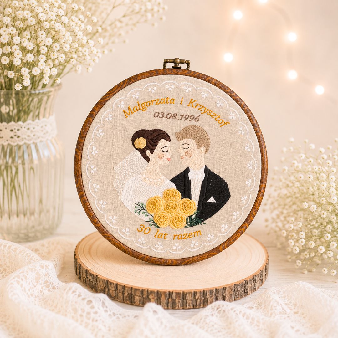 Haft ślubny w tamborku 20 cm, indywidualna pamiątka ślubna, podziękowania ślubne 49