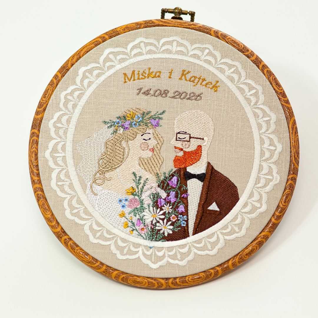 Haft ślubny w tamborku 20 cm, indywidualna pamiątka ślubna, rocznicowa 50