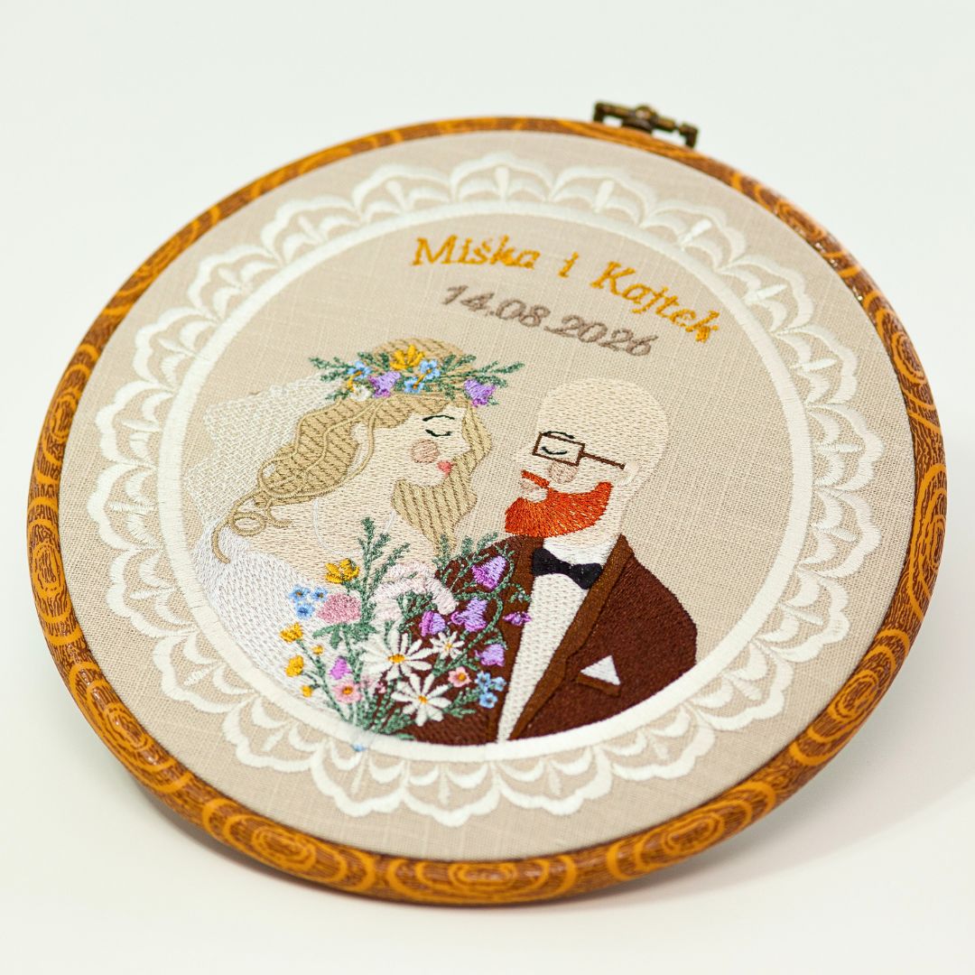 Haft ślubny w tamborku 20 cm, indywidualna pamiątka ślubna, rocznicowa 50