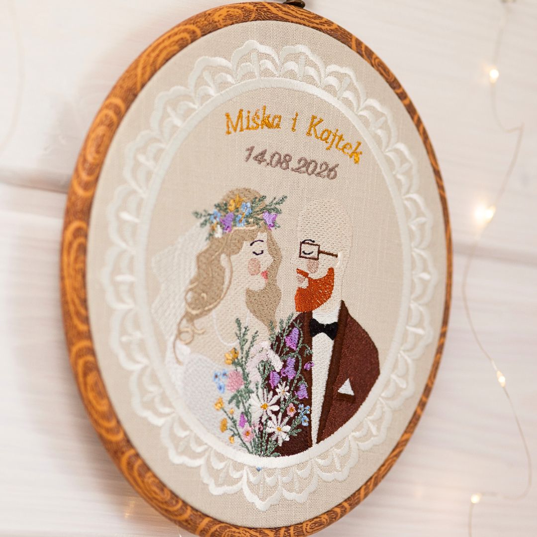 Haft ślubny w tamborku 20 cm, indywidualna pamiątka ślubna, rocznicowa 50
