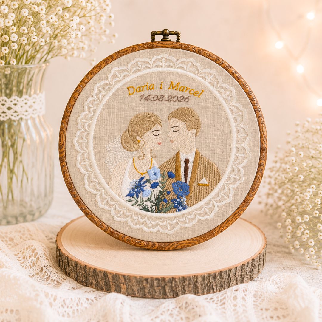 Haft ślubny w tamborku 20 cm, indywidualna pamiątka ślubna, rocznicowa 51