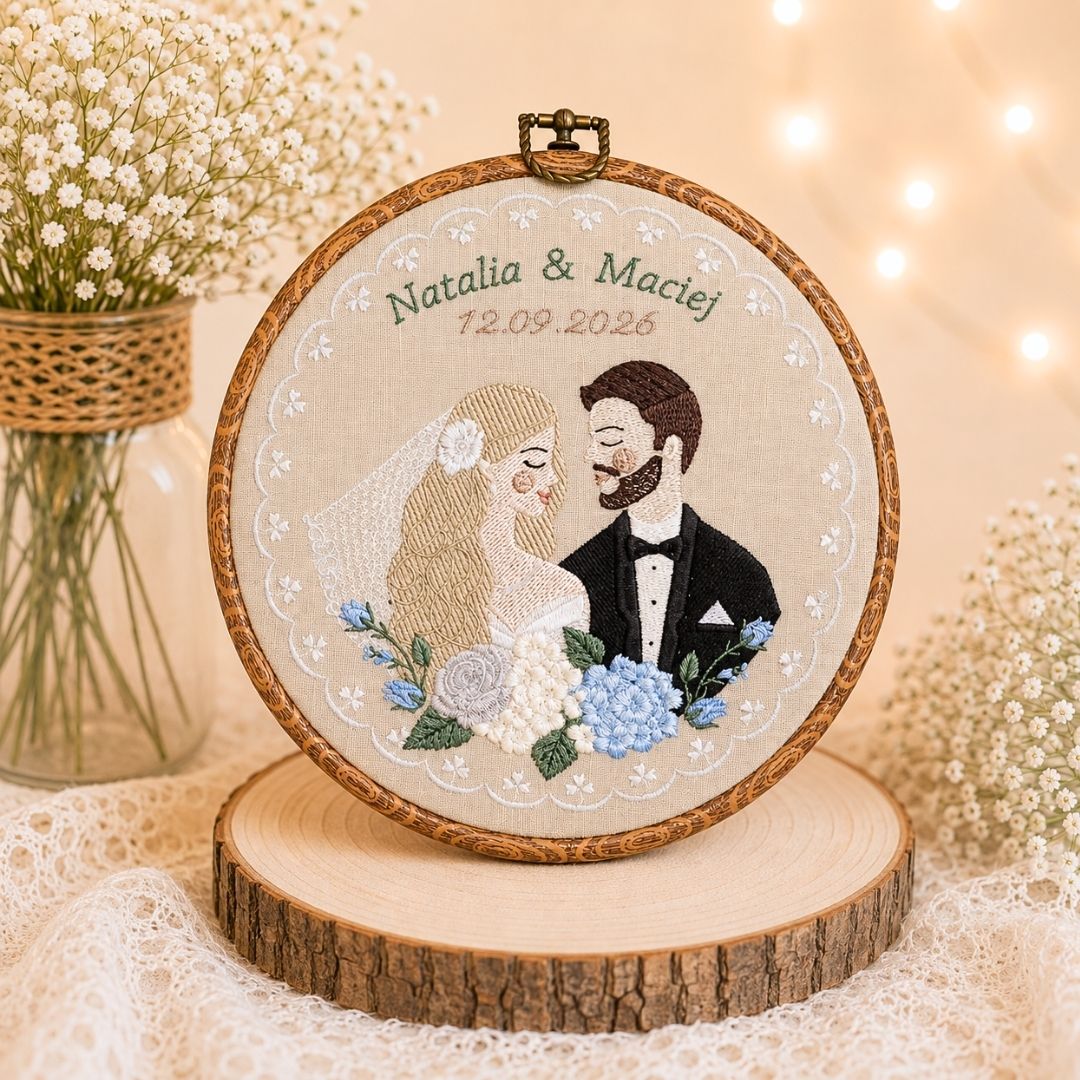 Haft ślubny w tamborku 20 cm, indywidualna pamiątka ślubna, rocznicowa 55