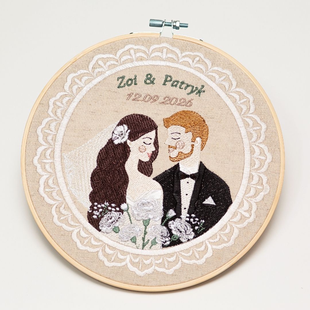 Haft ślubny w tamborku 20 cm, indywidualna pamiątka ślubna, rocznicowa 56