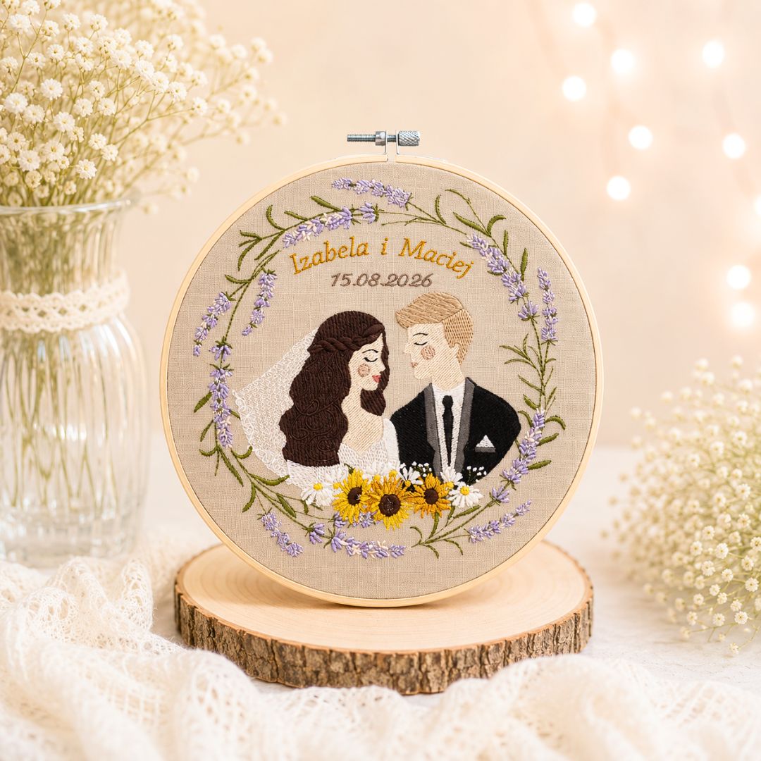 Haft ślubny w tamborku 23 cm, indywidualna pamiątka ślubna 48