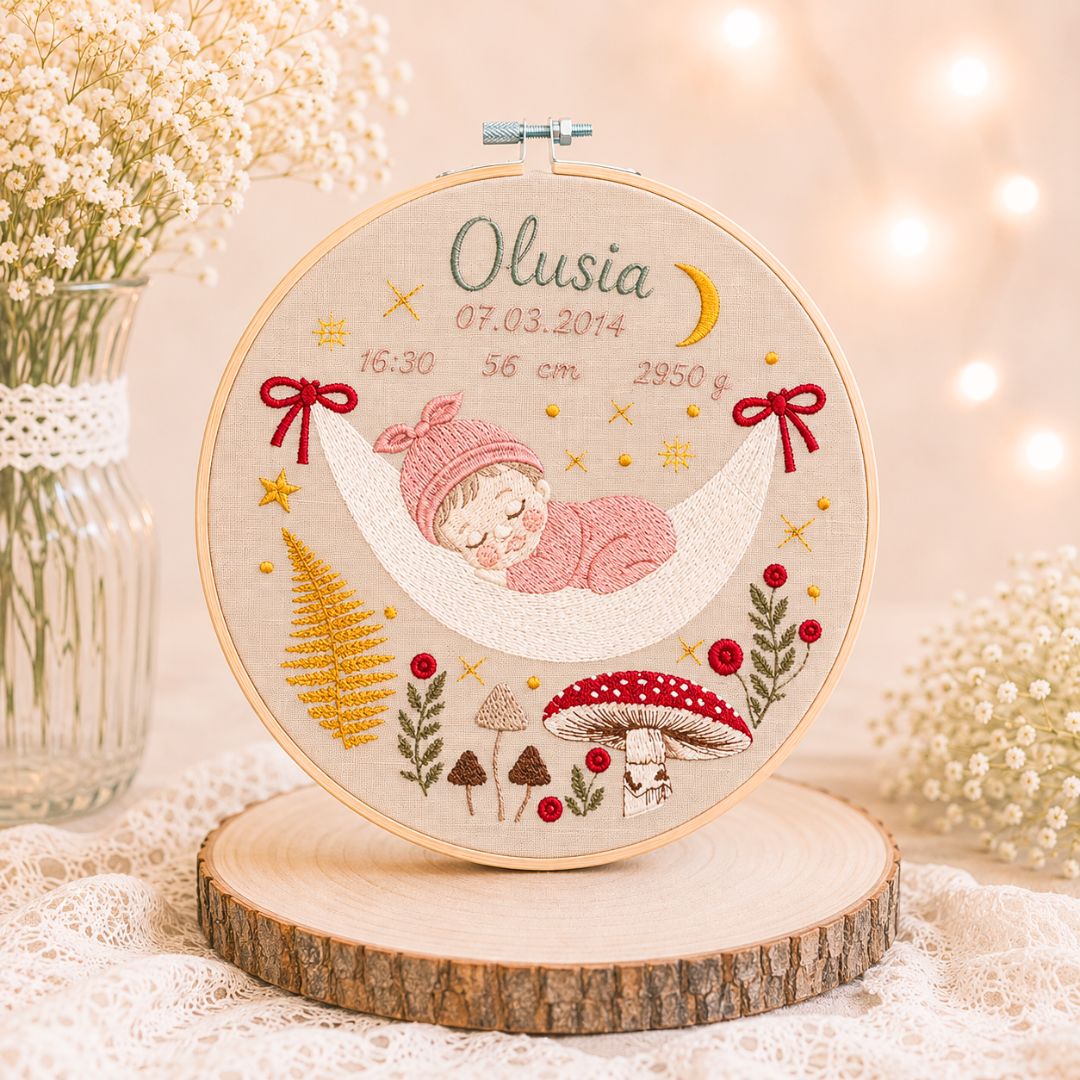 Haftowana personalizowana metryczka, pamiątka narodzin w oprawie 20 cm, 1