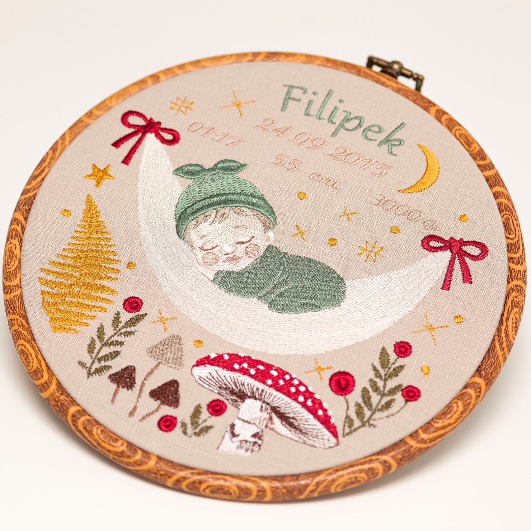 Haftowana personalizowana metryczka, pamiątka narodzin w oprawie 20 cm, 1