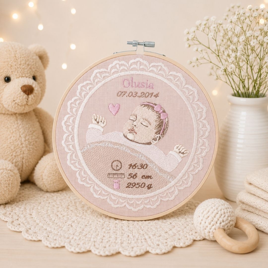 Haftowana personalizowana metryczka, pamiątka narodzin w oprawie 20 cm,2