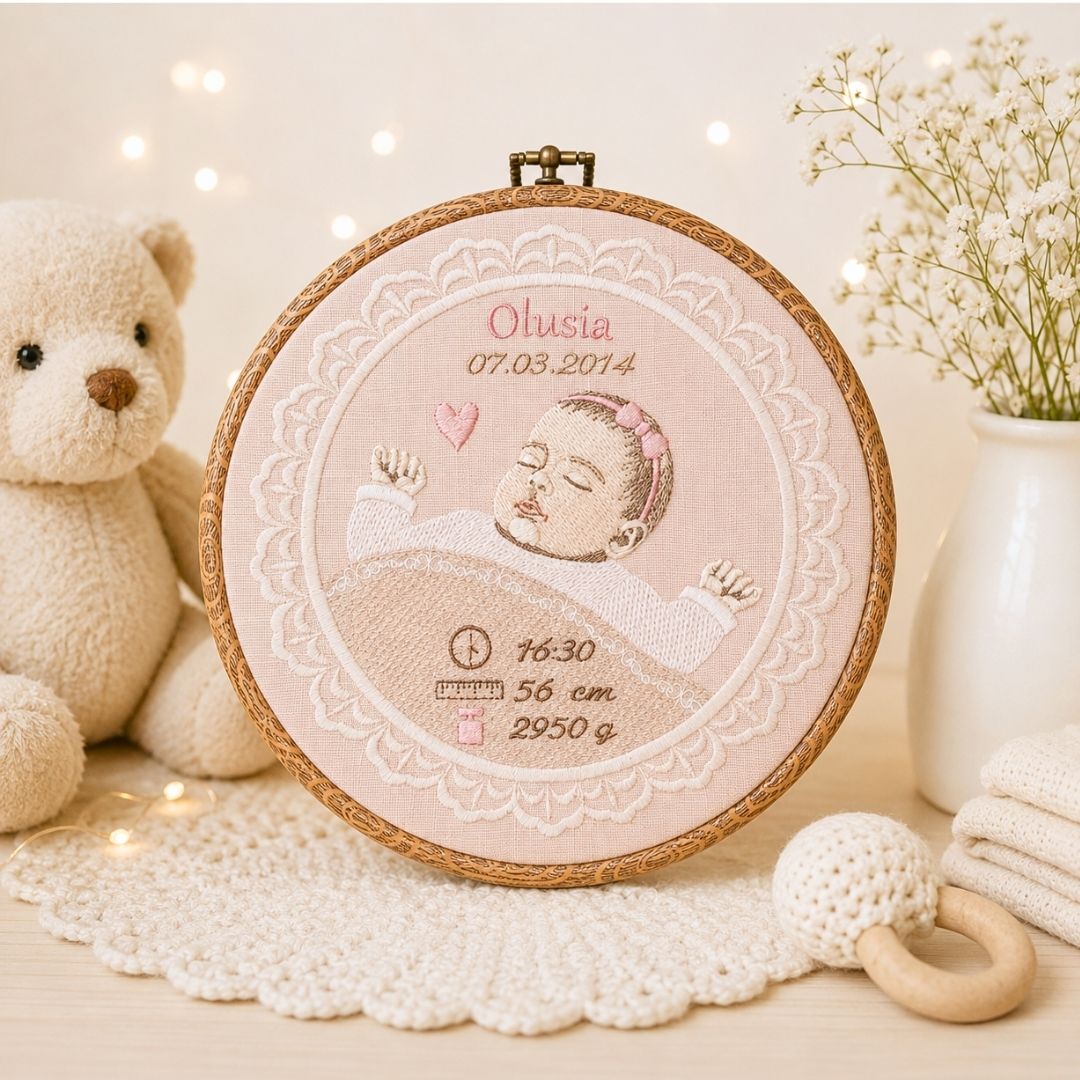 Haftowana personalizowana metryczka, pamiątka narodzin w oprawie 20 cm,2