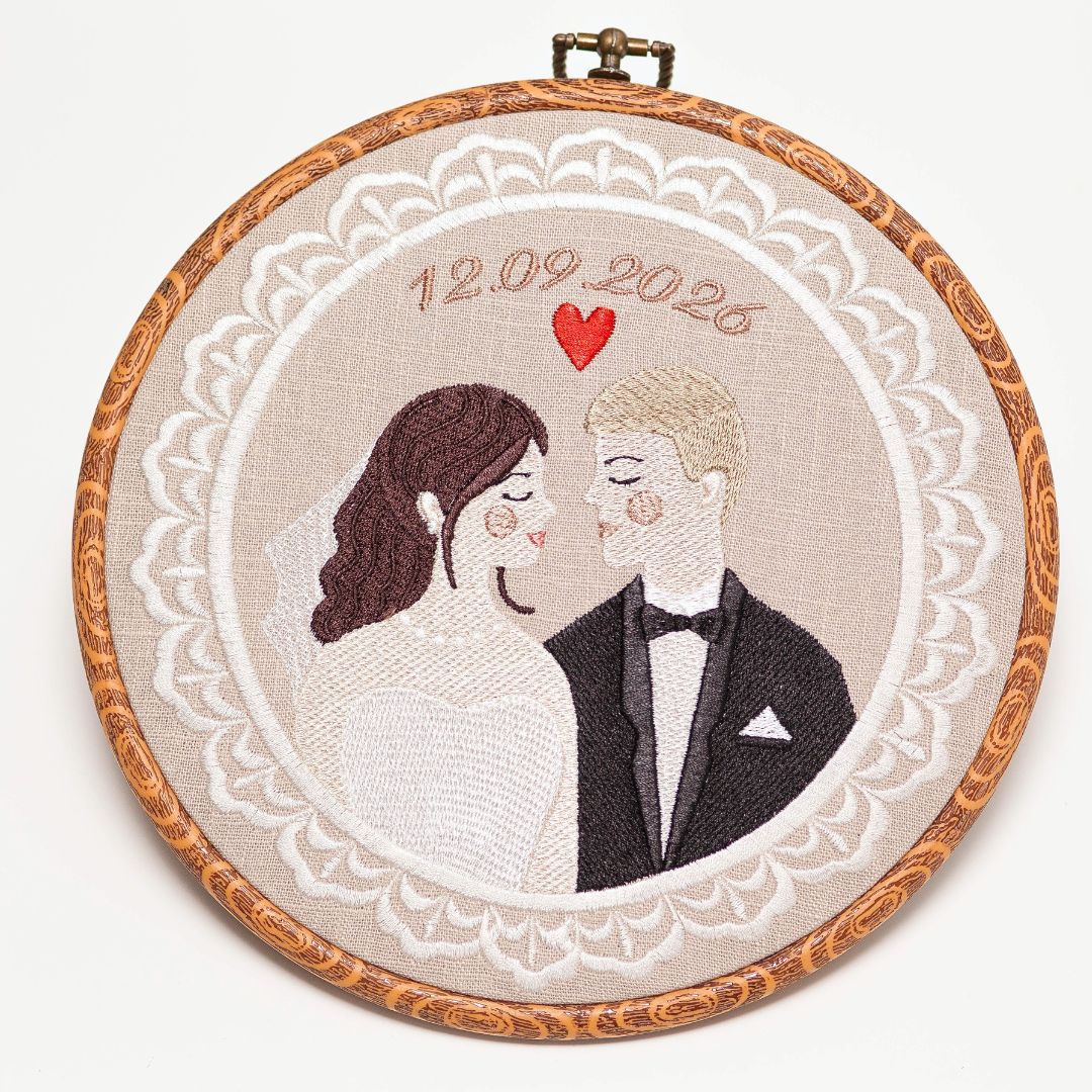 Haft ślubny w tamborku 20 cm, indywidualna pamiątka ślubna, rocznicowa 62