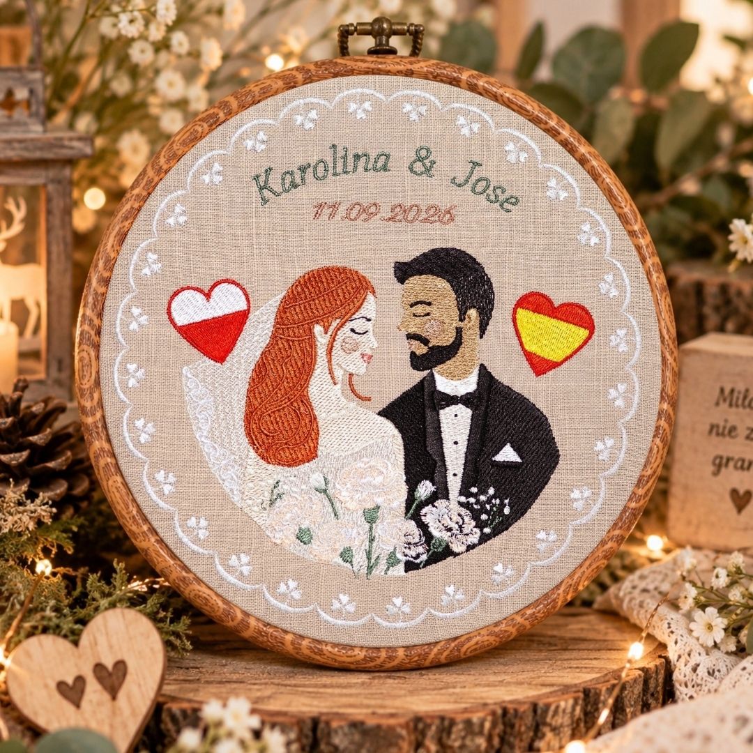 Haft ślubny w tamborku 20 cm, indywidualna pamiątka ślubna, rocznicowa 64