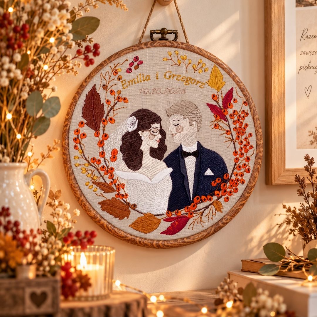 Haft ślubny w tamborku 20 cm, personalizowana pamiątka ślubna 75