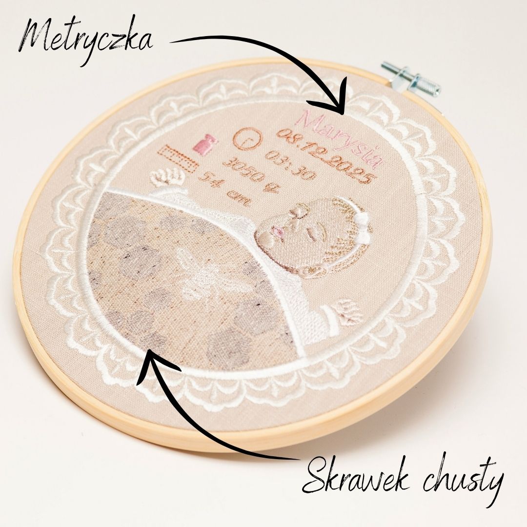 Haftowana metryczka + wszyty skrawek chusty, pamiątka narodzin w oprawie 20 cm,