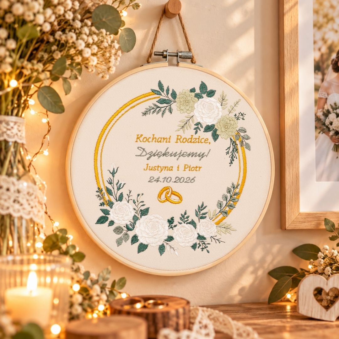 Podziękowania ślubne, haft w tamborku 23 cm r